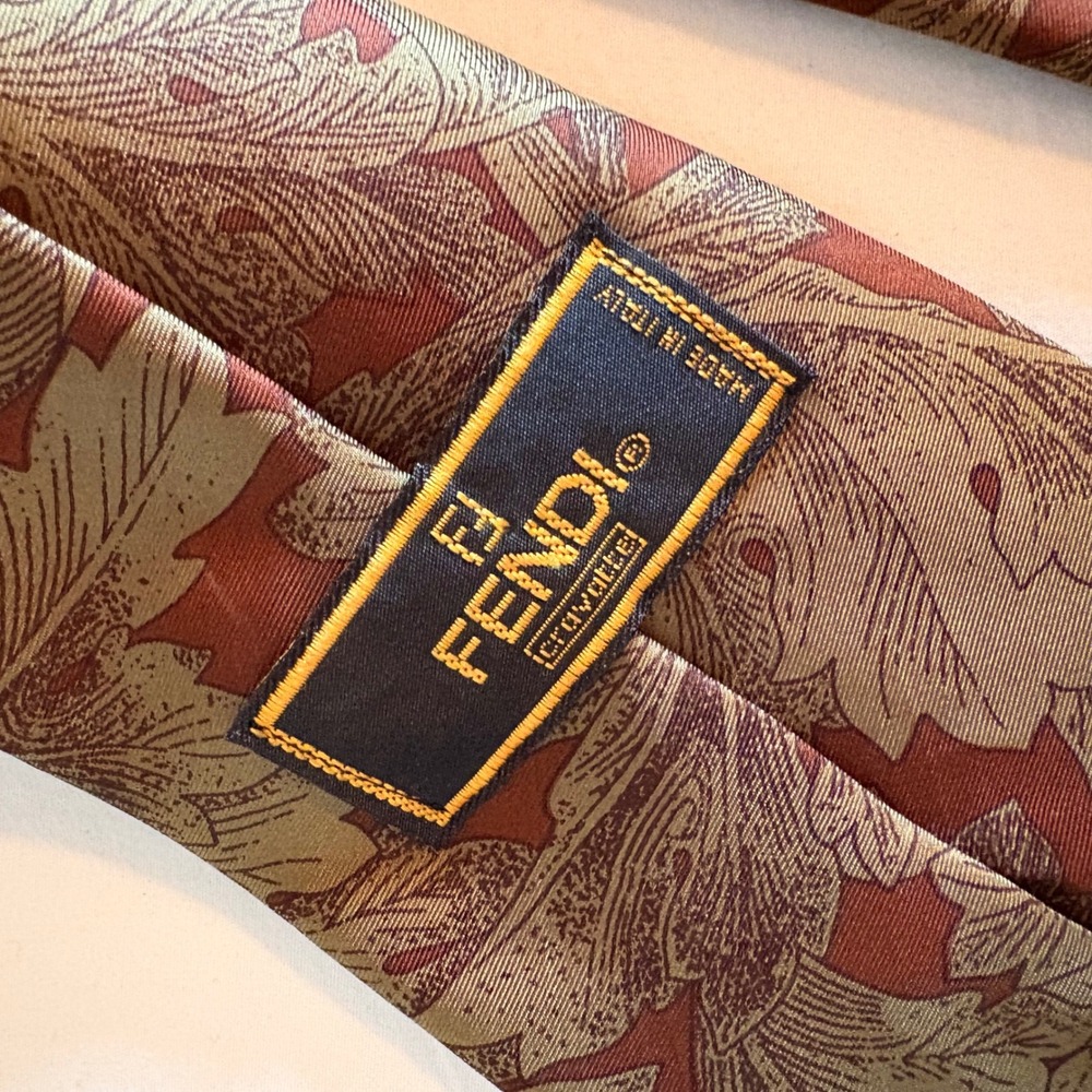Vintage Fendi Silk Tie Mens Leaf Pattern Burgundy Gold Made in‎ Italy